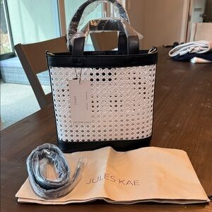Anthropologie White Woven Tote with Black Trim